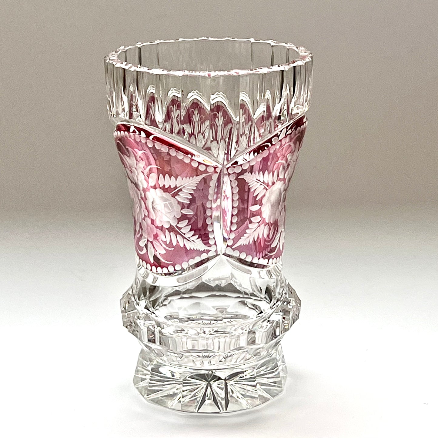 Vintage Bohemian lead crystal and etched ruby flash vase circa first half of the 20th century