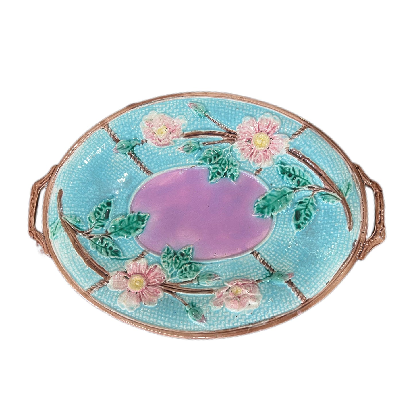 Antique English majolica wild rose floral platter with faux bois handles