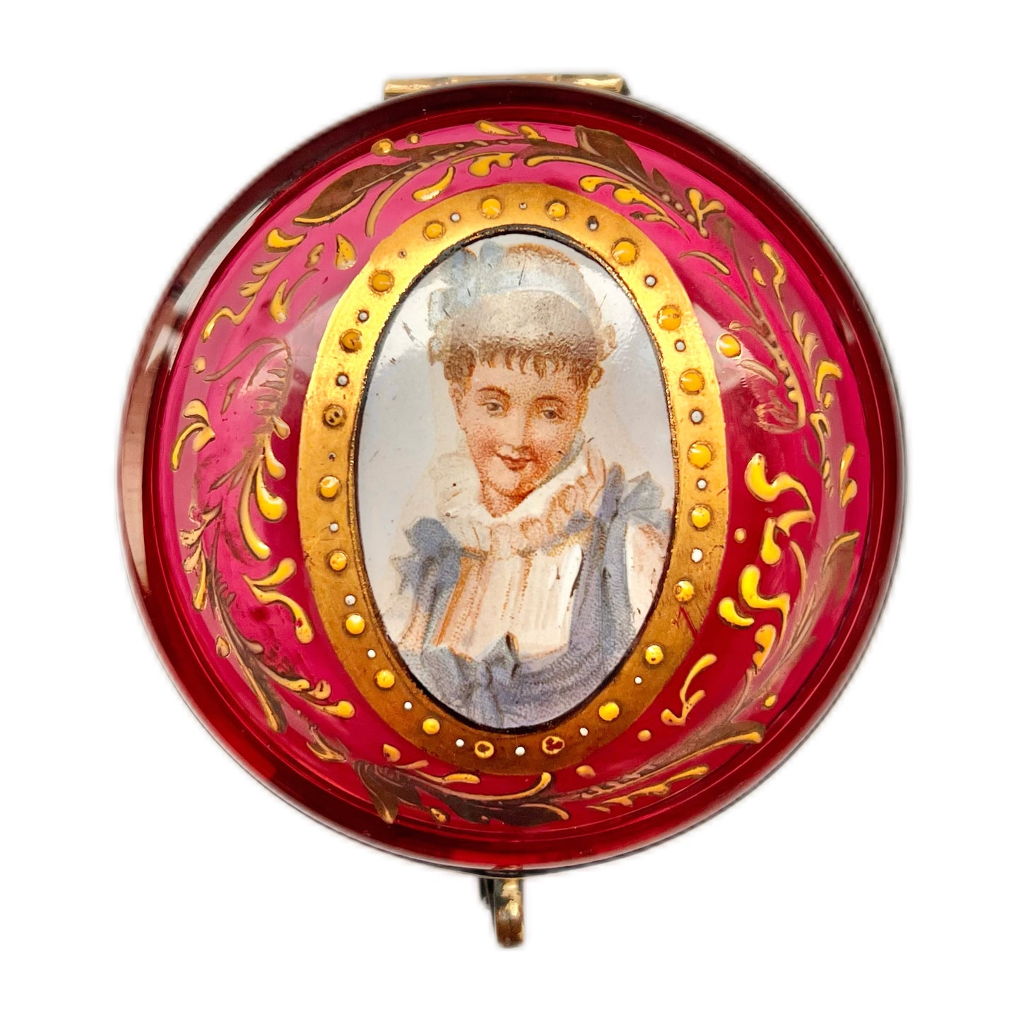 Antique Victorian cranberry glass pill box with enamelled portrait