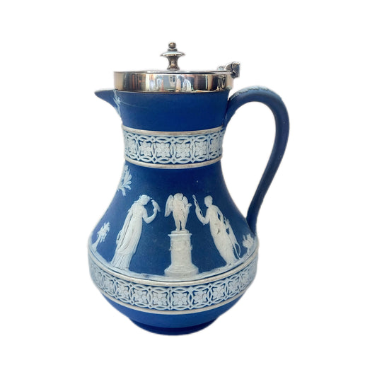 Antique lidded Wedgwood jasperware pitcher with silver plated mount
