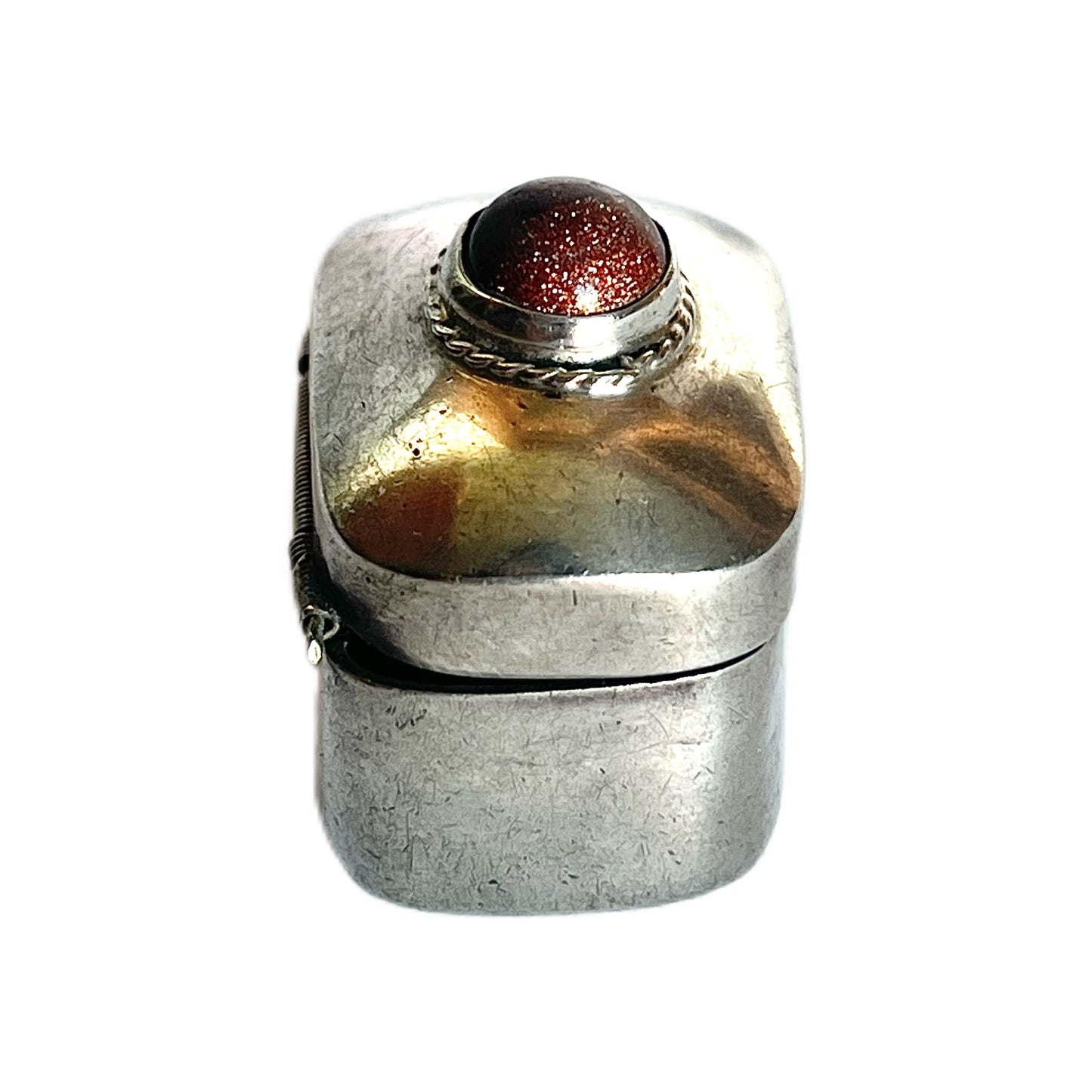 Midcentury Mexican Taxco silver pillbox with goldstone cabochon