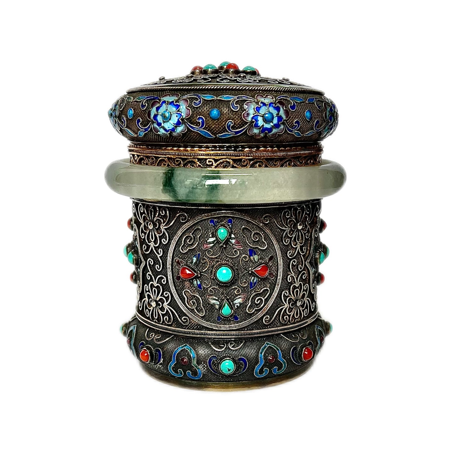 Antique Chinese export silver, enamel and jadeite tea caddy, late Qing to early Republic Period