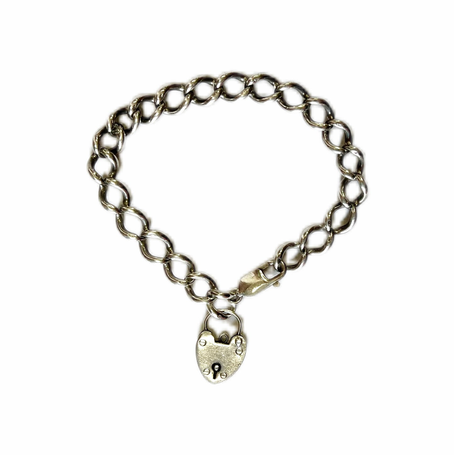 Elegant English sterling silver bracelet with W.J. Sanders heart-shaped padlock