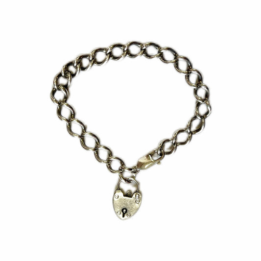 Elegant English sterling silver bracelet with W.J. Sanders heart-shaped padlock