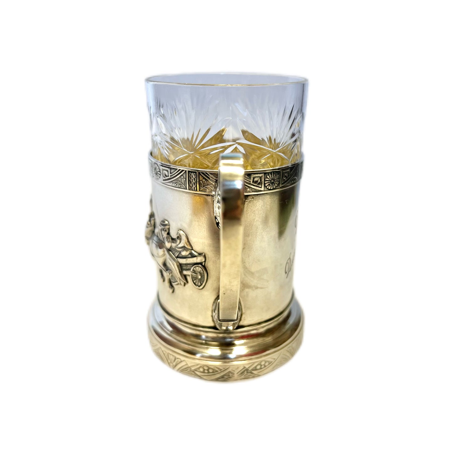 Antique Russian .875 silver Troika podstakannik with original glass and inscription