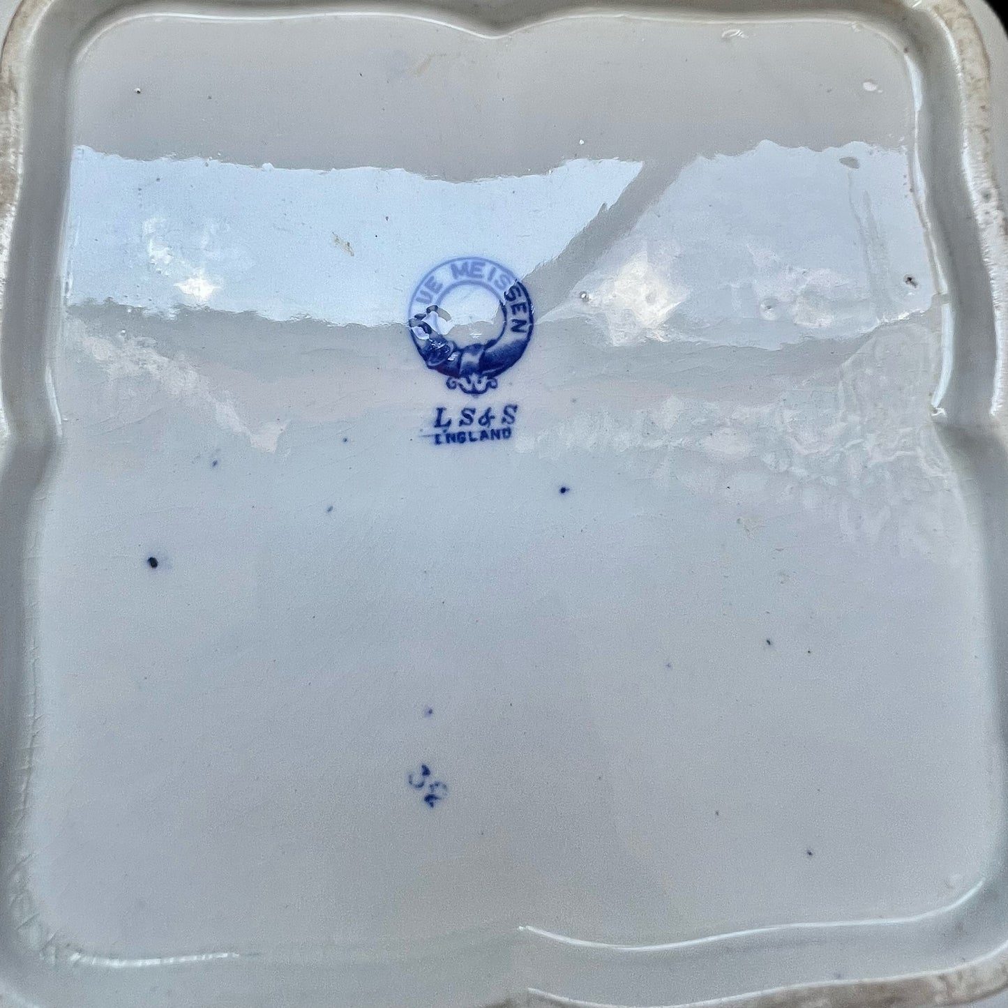 Antique Lewis Strauss & Son's blue and white transferware square serving dish in Blue Meissen pattern