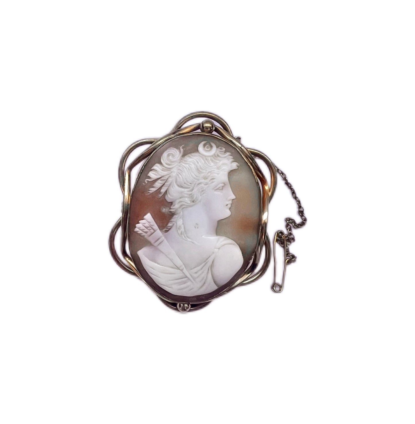 Antique sardonyx shell cameo brooch depicting Roman goddess Diana