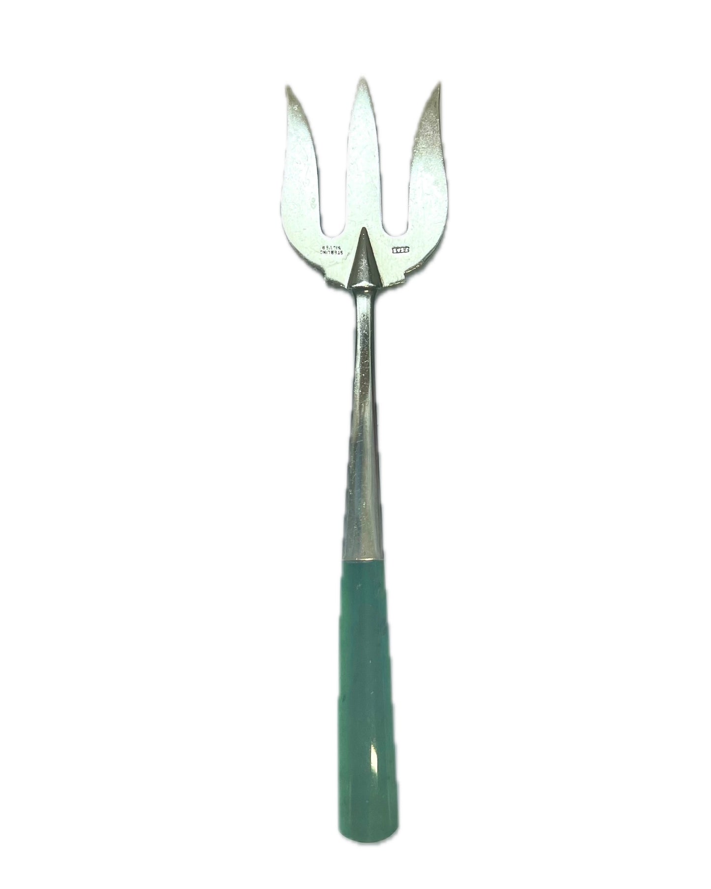 Antique New Zealand sterling silver and nephrite jade vegetable fork. Joseph Swindell & Son, Christchurch