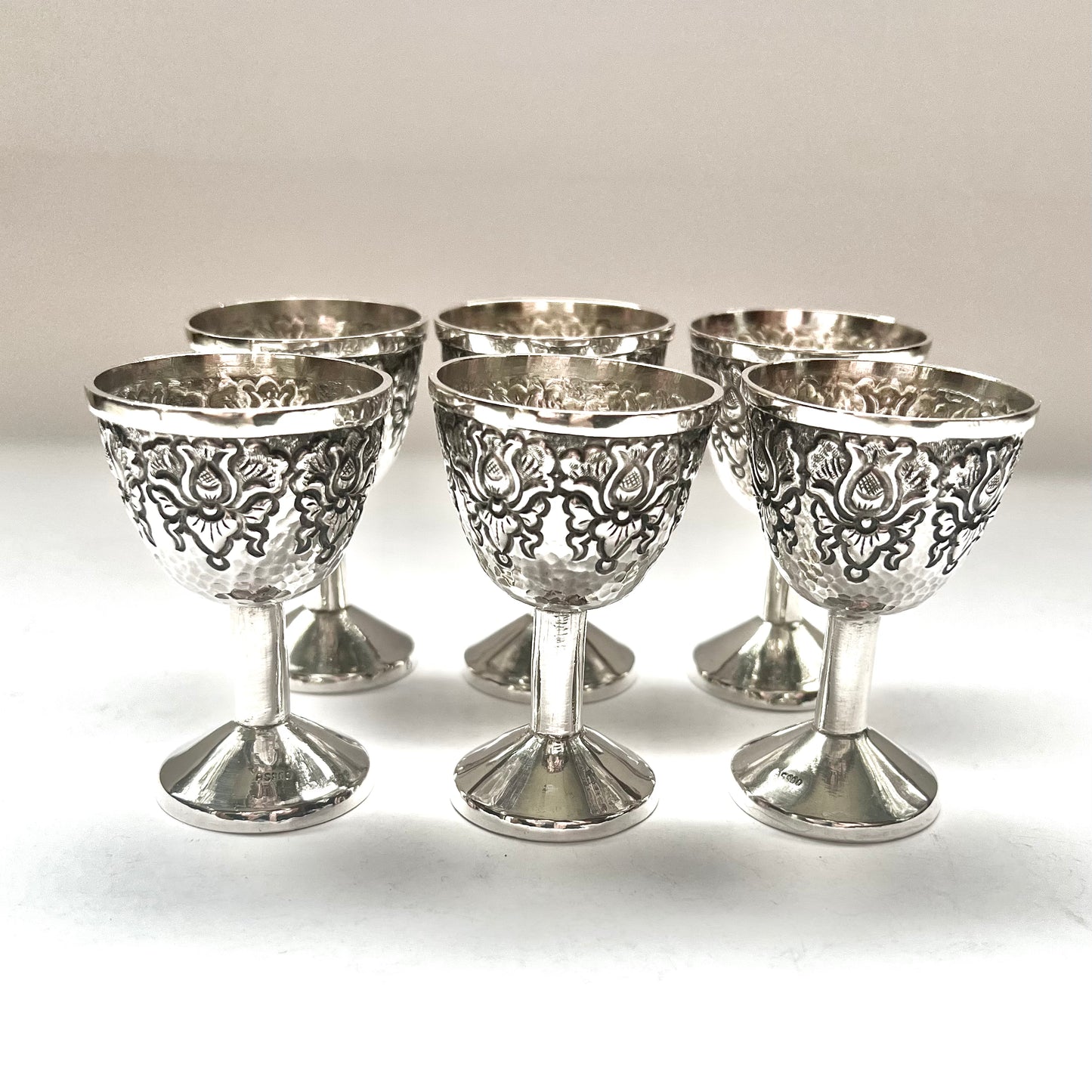 6 vintage Yogyakarta .800 silver liqueur cups, circa mid 20th century (1930s to 1950s)
