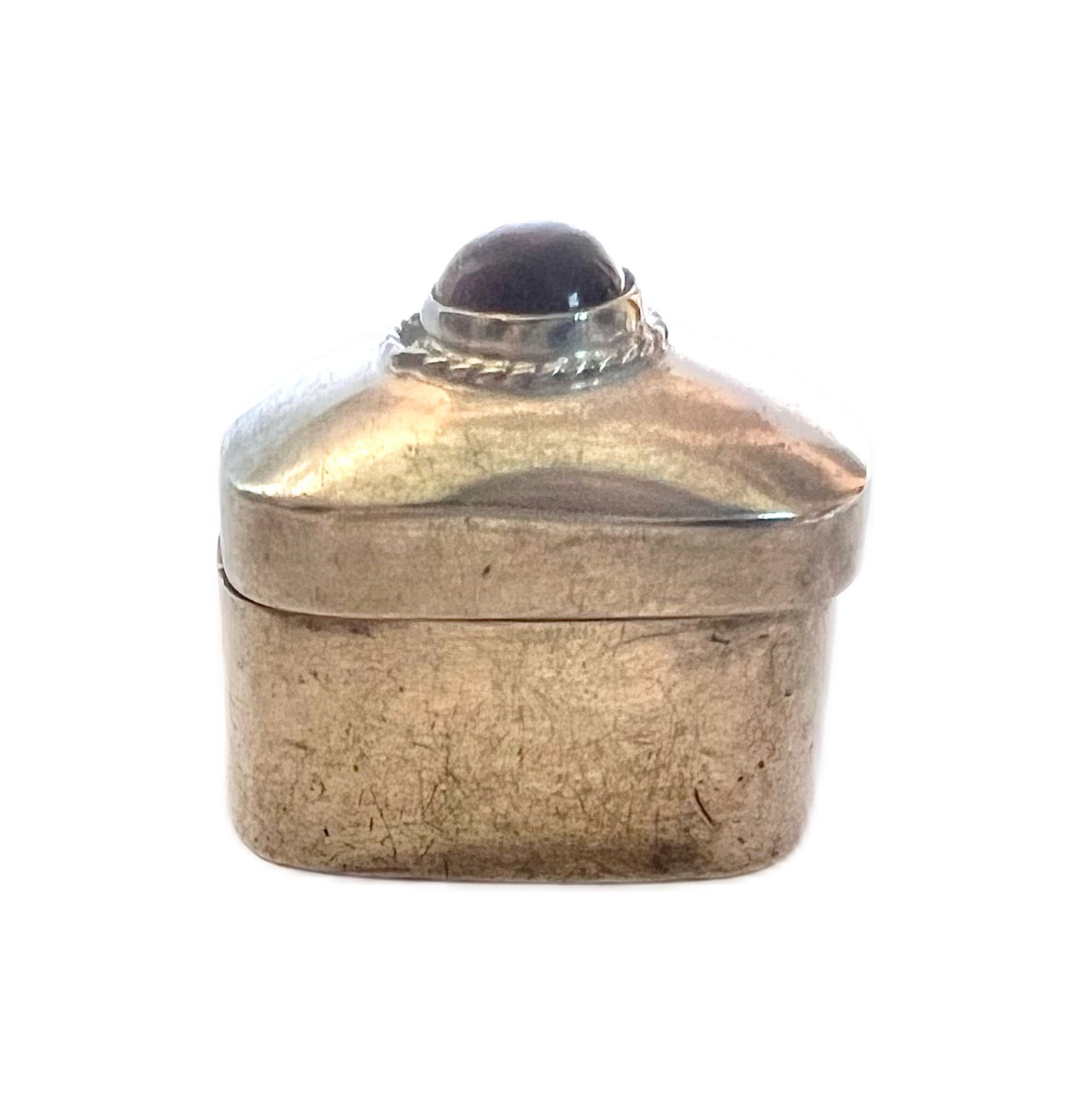 Midcentury Mexican Taxco silver pillbox with goldstone cabochon