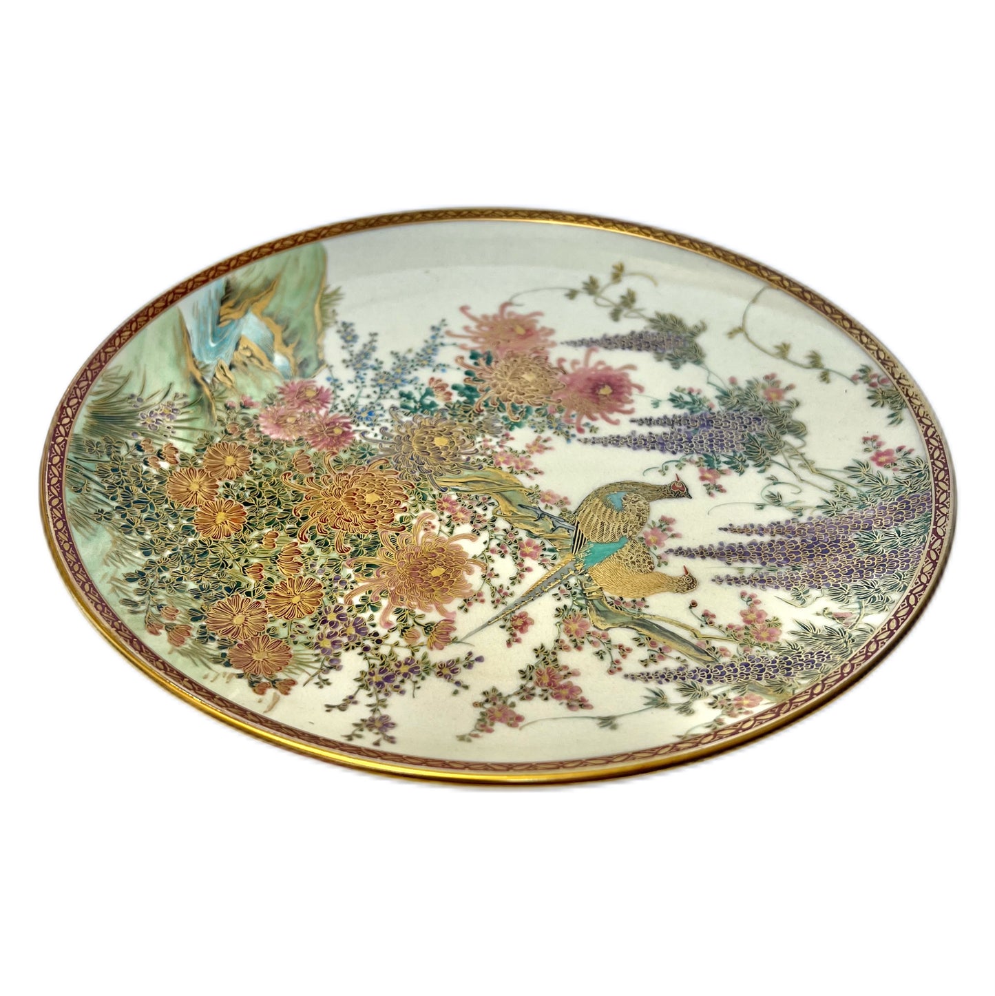Vintage near antique Satsuma pheasant and wisteria plate, Soko of Kobe