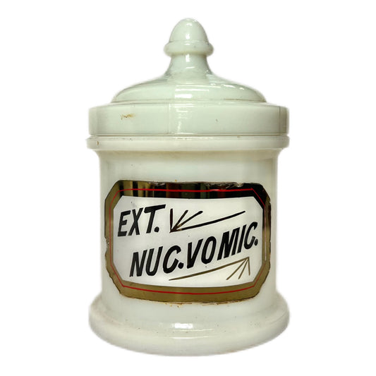 Antique Whitall Tatum Milk Glass Apothecary Jar- Nux Vomica