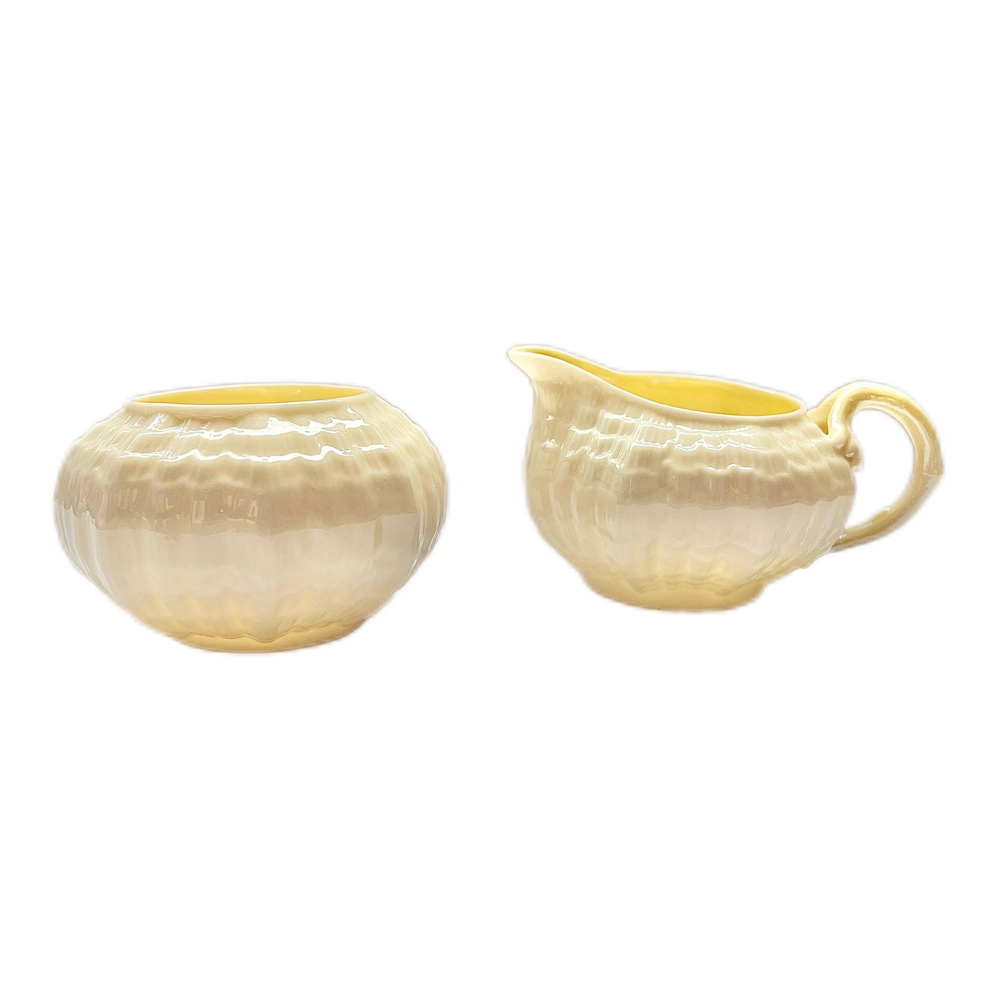 Vintage Belleek Tridacna Yellow sugar bowl and creamer jug, 2nd Green Mark circa 1955 to 1965