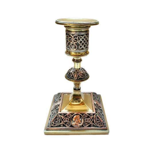 19th century brass candlestick with copper filigree work and portrait medallions