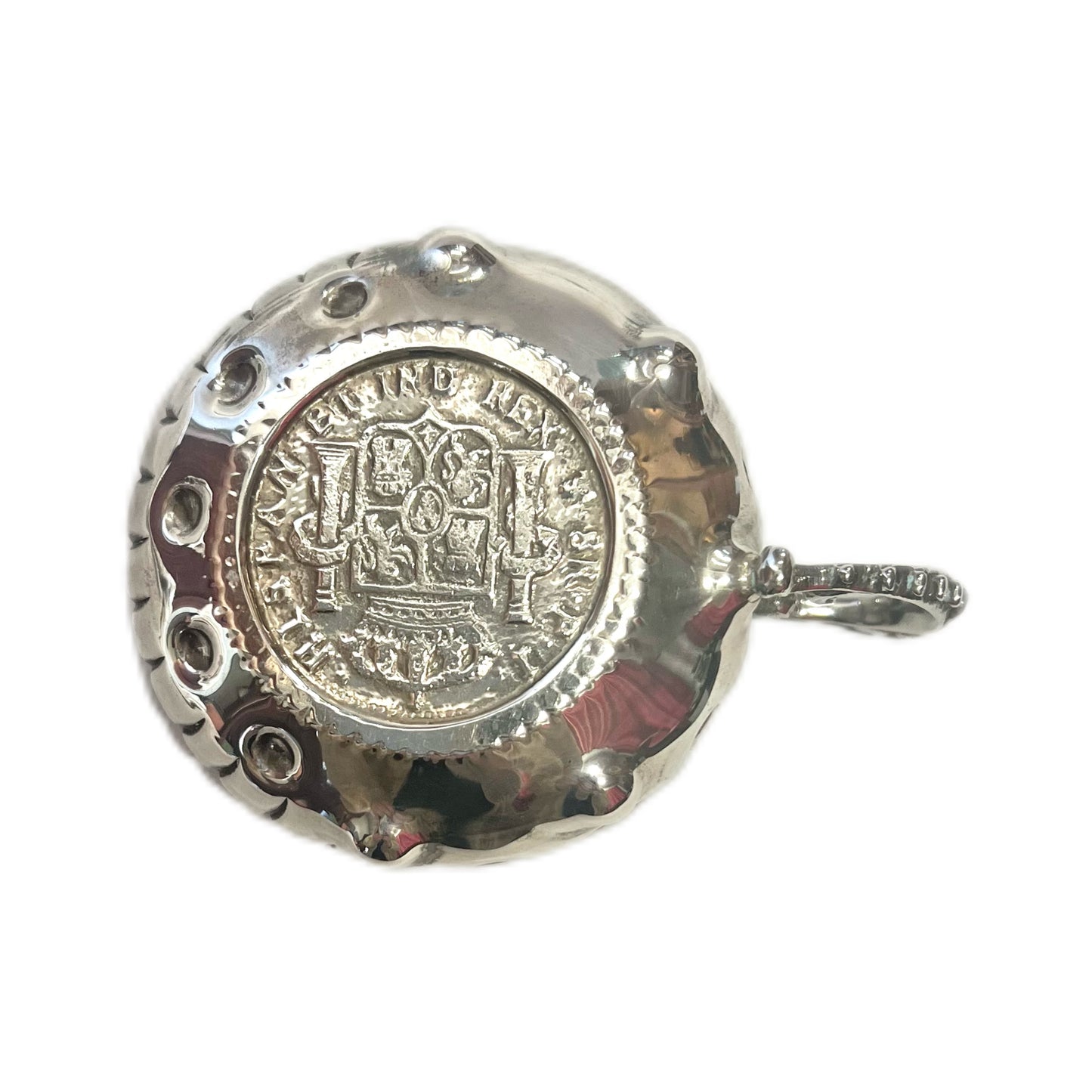 Vintage Spanish .915 silver tastevin with Charles IV 1808 8 reales coin to base