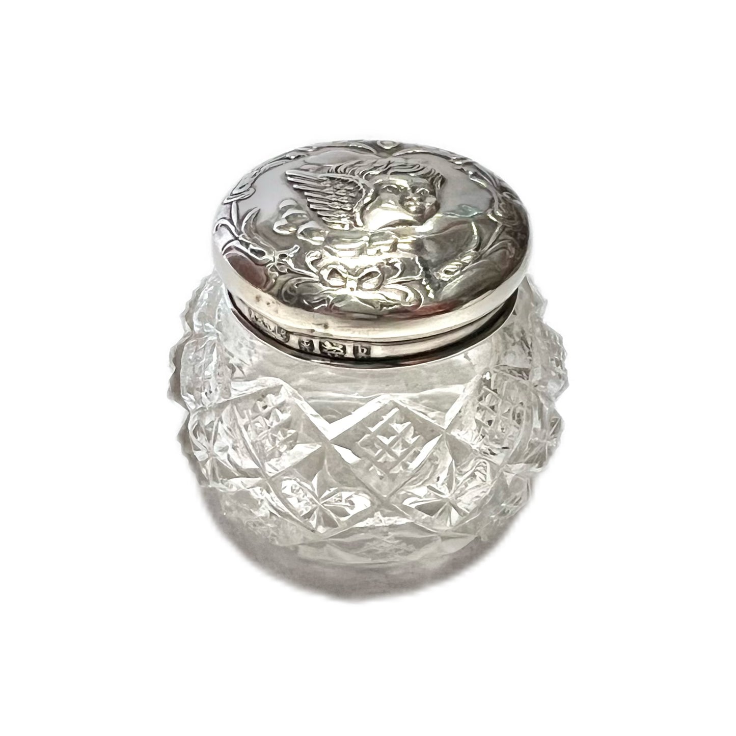 Late Victorian to early Edwardian sterling silver and cut glass miniature toiletry jar