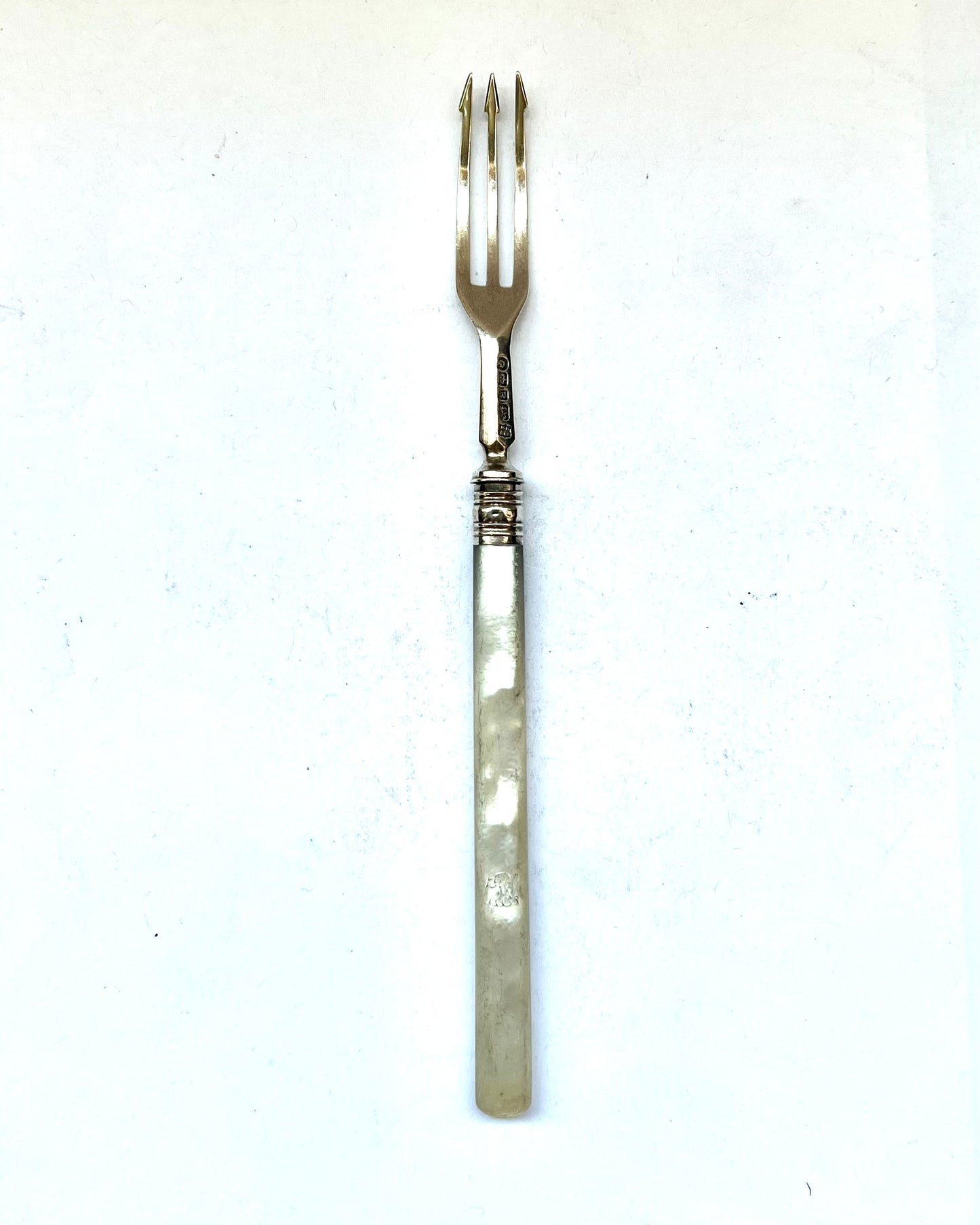 Antique Victorian sterling silver hors d’oeuvre fork with mother of pearl handle, Sheffield, 1859, Martin, Hall & Co