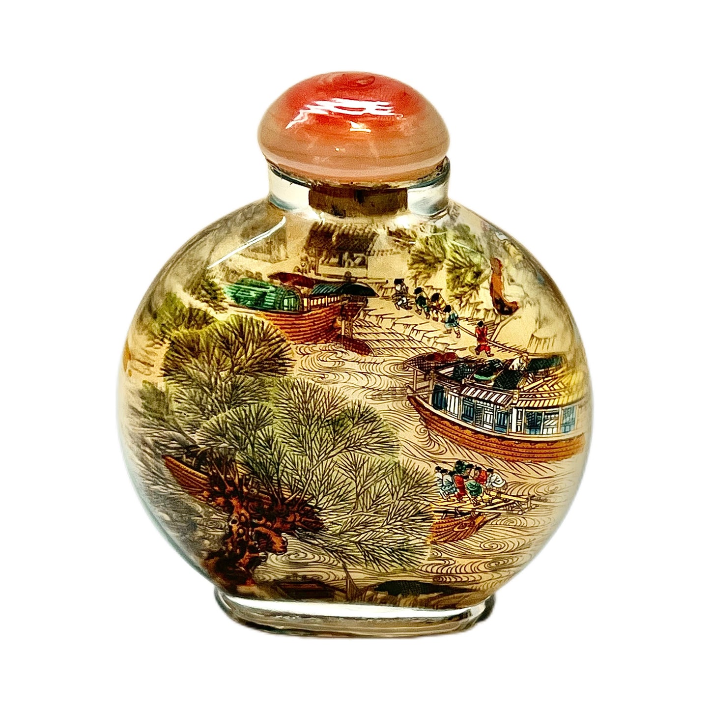 Late 20th century Chinese reverse-painted snuff bottle, Along the River During the Qingming Festival, Qingming Shanghe Tu