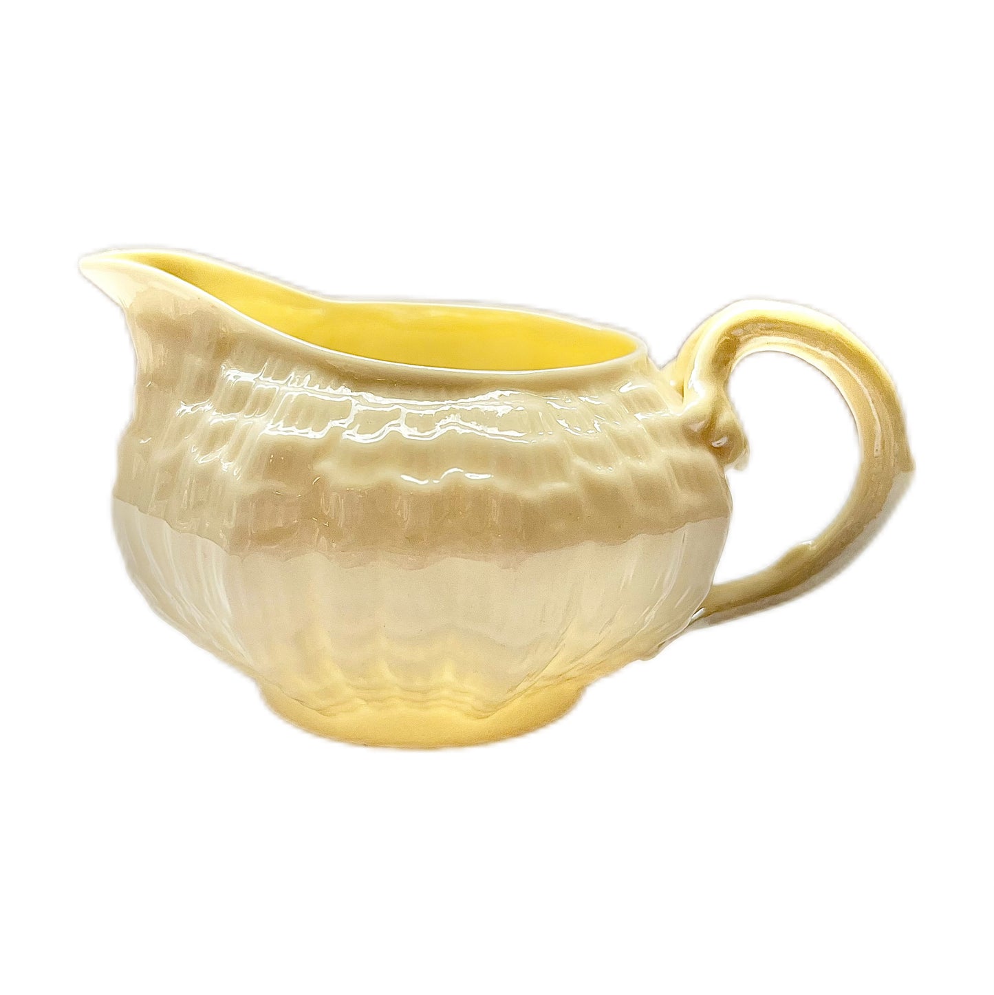 Vintage Belleek Tridacna Yellow sugar bowl and creamer jug, 2nd Green Mark circa 1955 to 1965