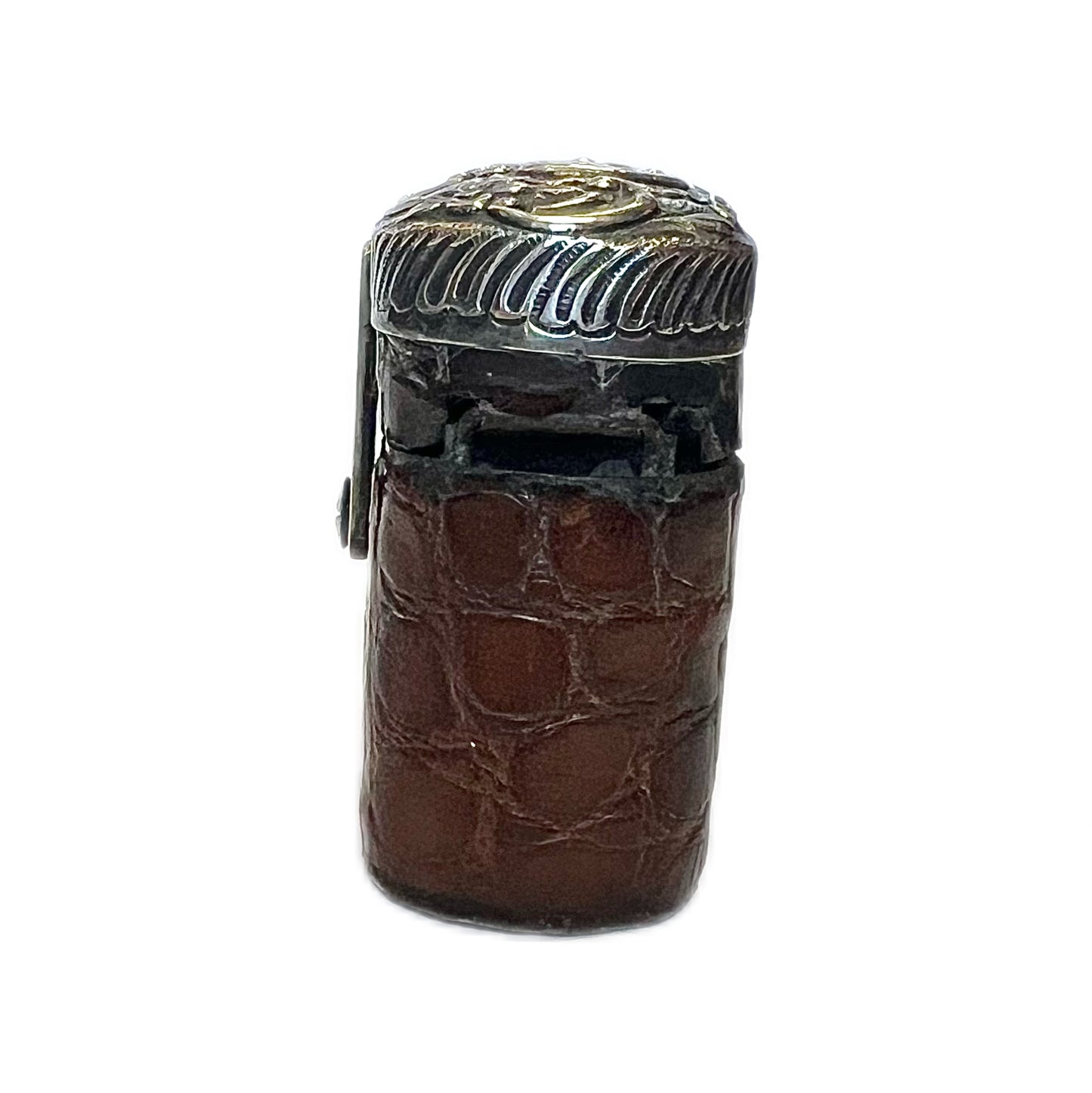 Antique leather-cased travelling inkwell with sterling silver top