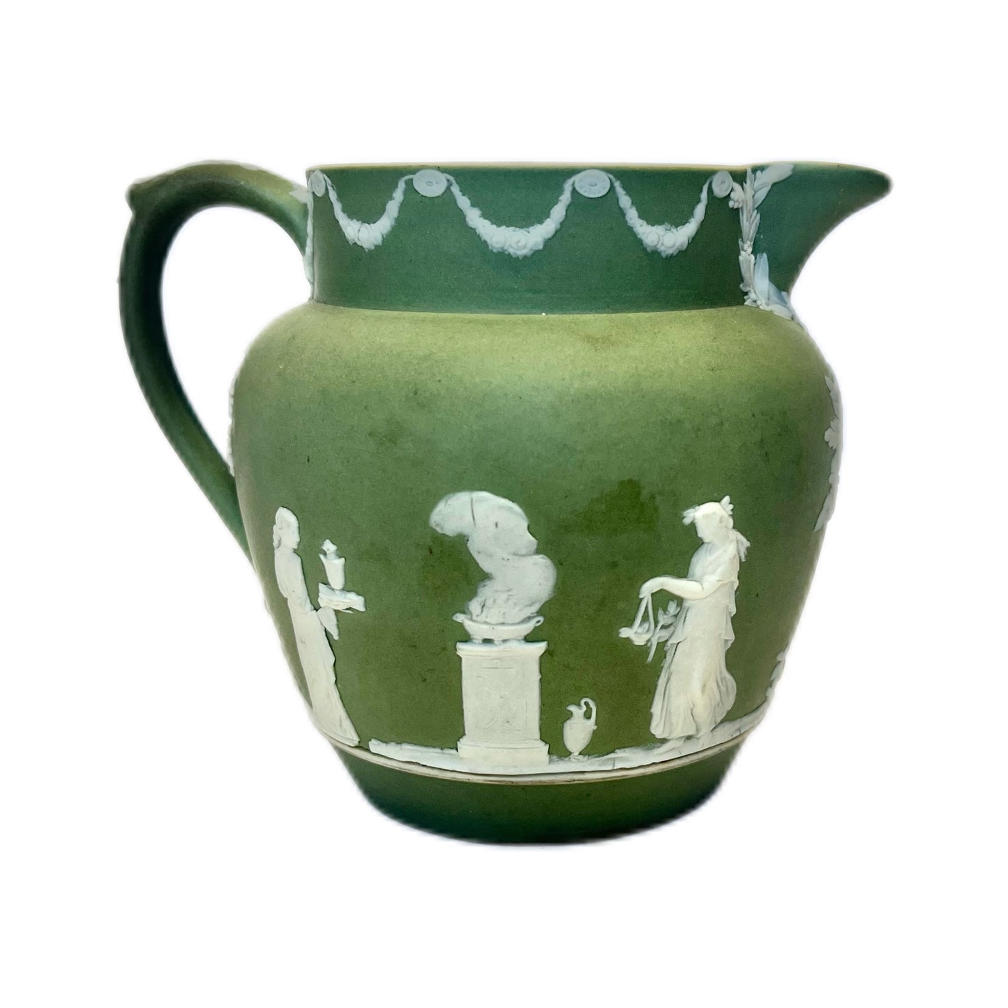 Antique Wedgwood sage green jasper ware milk jug circa 1900s to 1930s