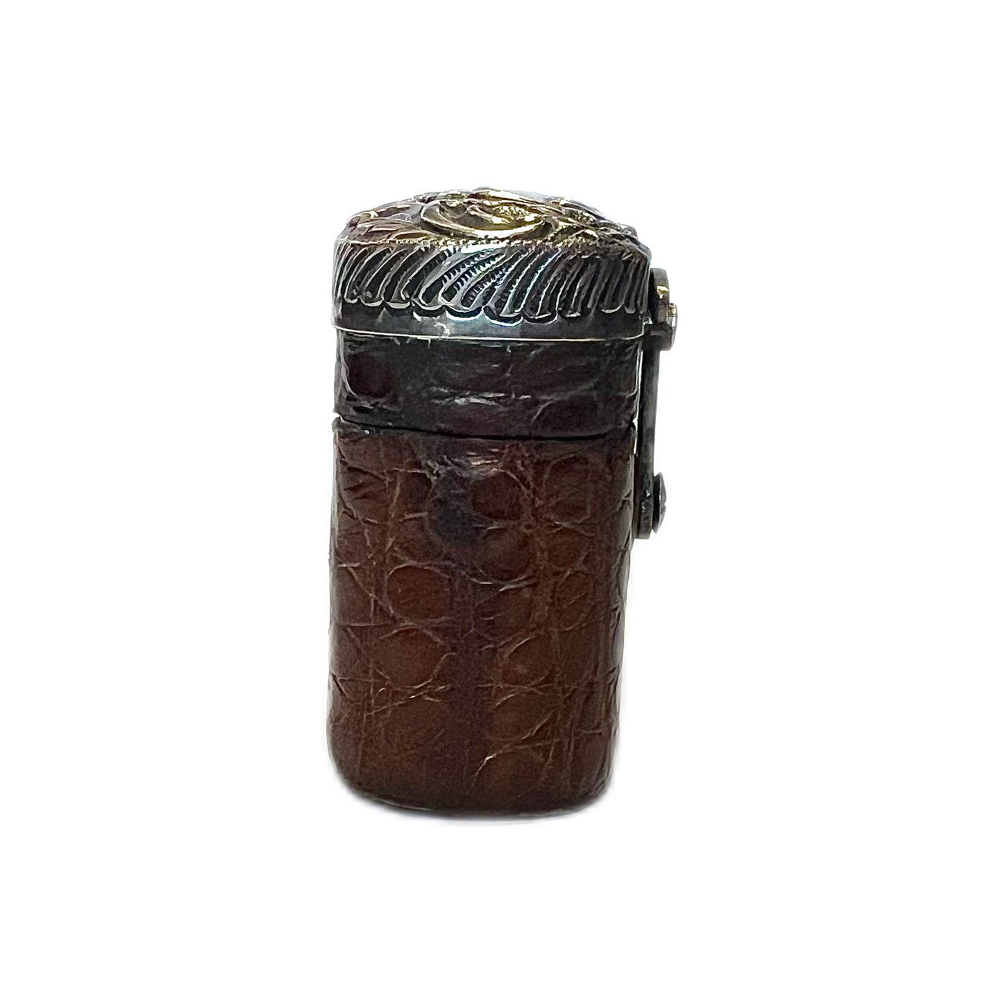Antique leather-cased travelling inkwell with sterling silver top