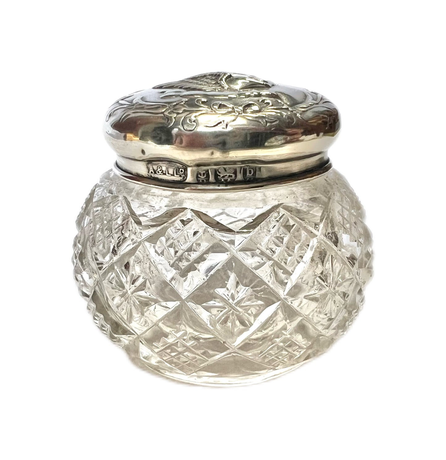 Late Victorian to early Edwardian sterling silver and cut glass miniature toiletry jar