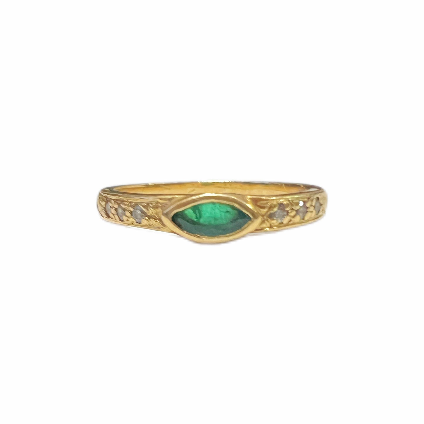 Vintage midcentury 18ct gold marquise bezel set emerald ring