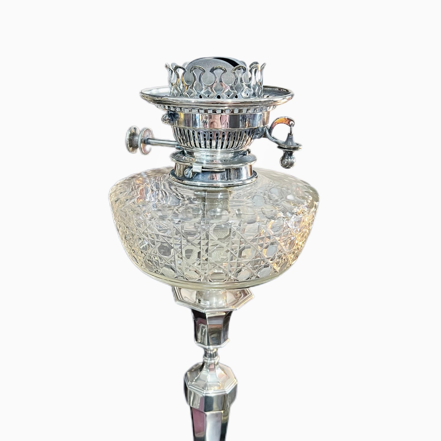 Antique George V cut crystal and sterling silver banquet lamp, Hardy Bros