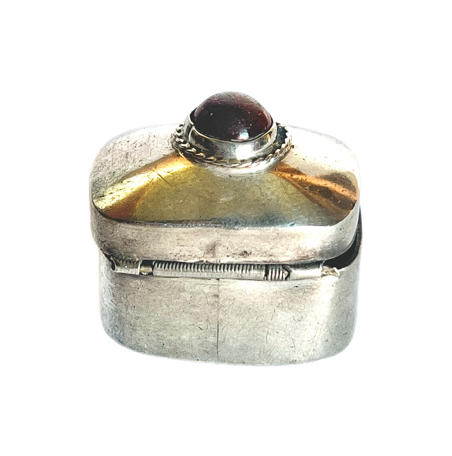 Midcentury Mexican Taxco silver pillbox with goldstone cabochon