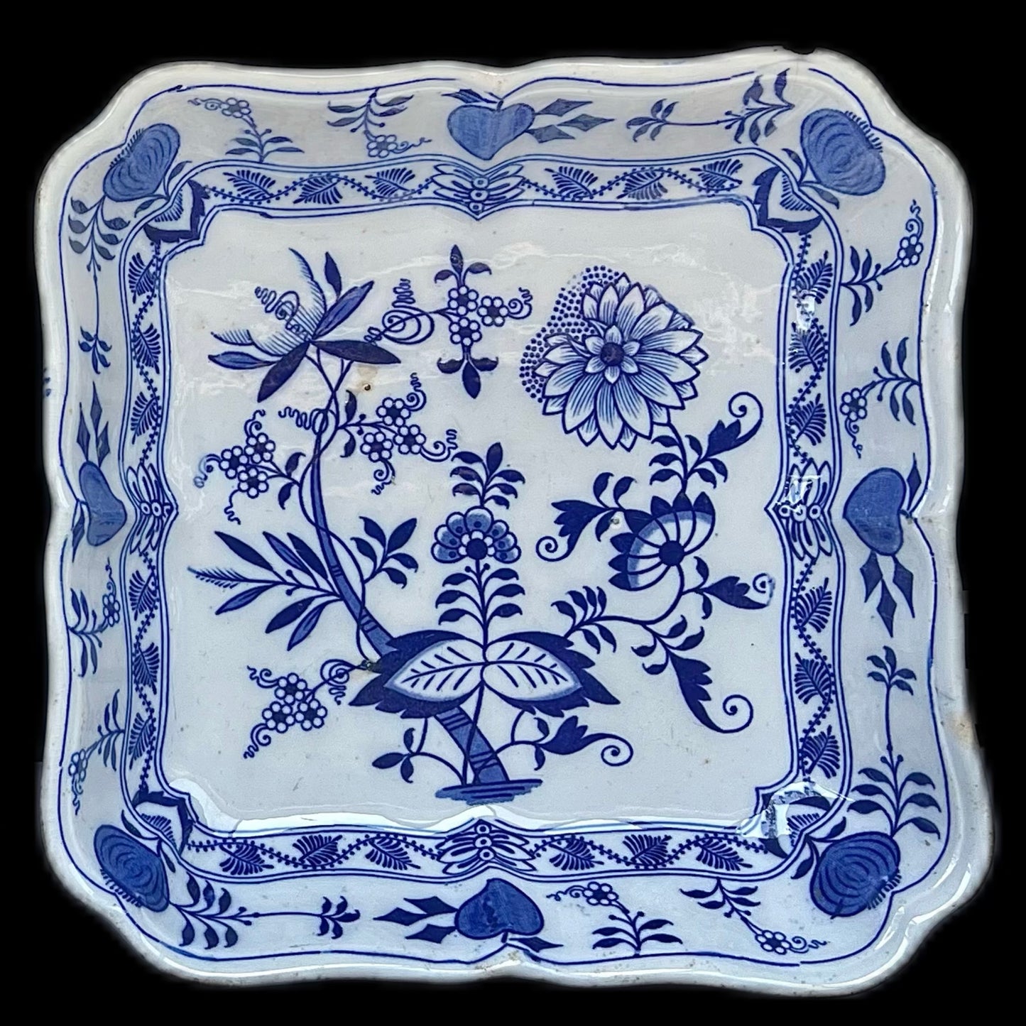 Antique CHIPPED Lewis Strauss & Son's blue and white transferware square serving dish in Blue Meissen pattern (Copy)