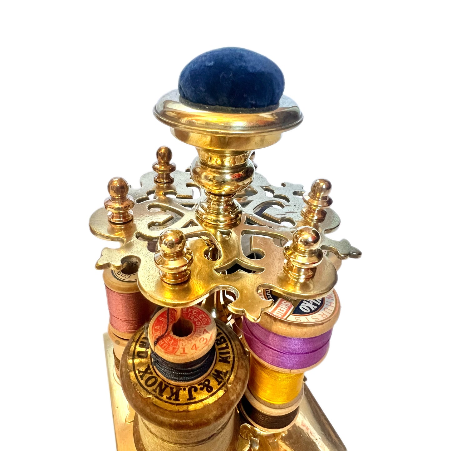 Antique 19th century High Victorian brass spool holder with original pincushion