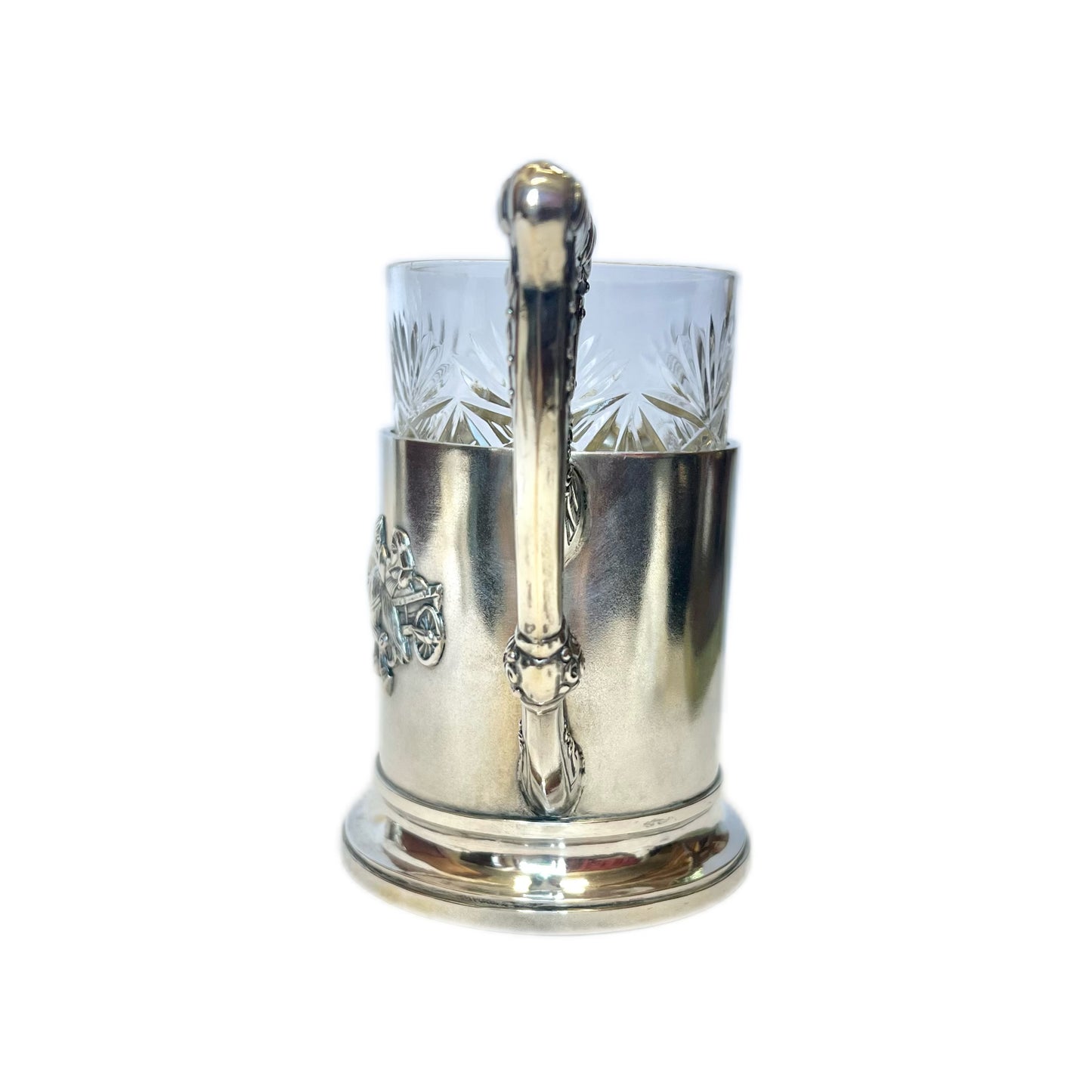 Antique Russia .875 silver Troika podstakannik tea glass holder with original glass