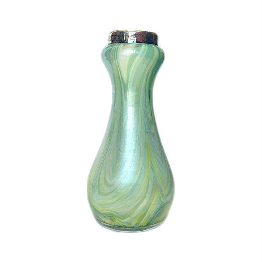 Antique George V favrile glass posy vase with sterling silver mount