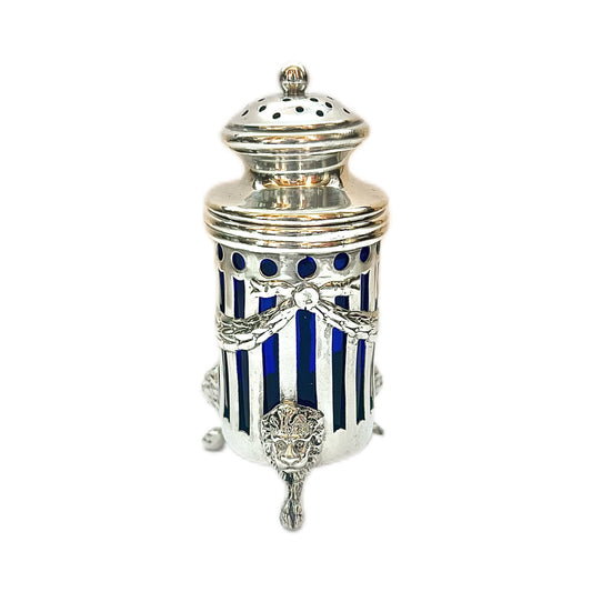 Antique American sterling silver pepperette with cobalt glass liner, with marks for Graff Washbourne and Dunn