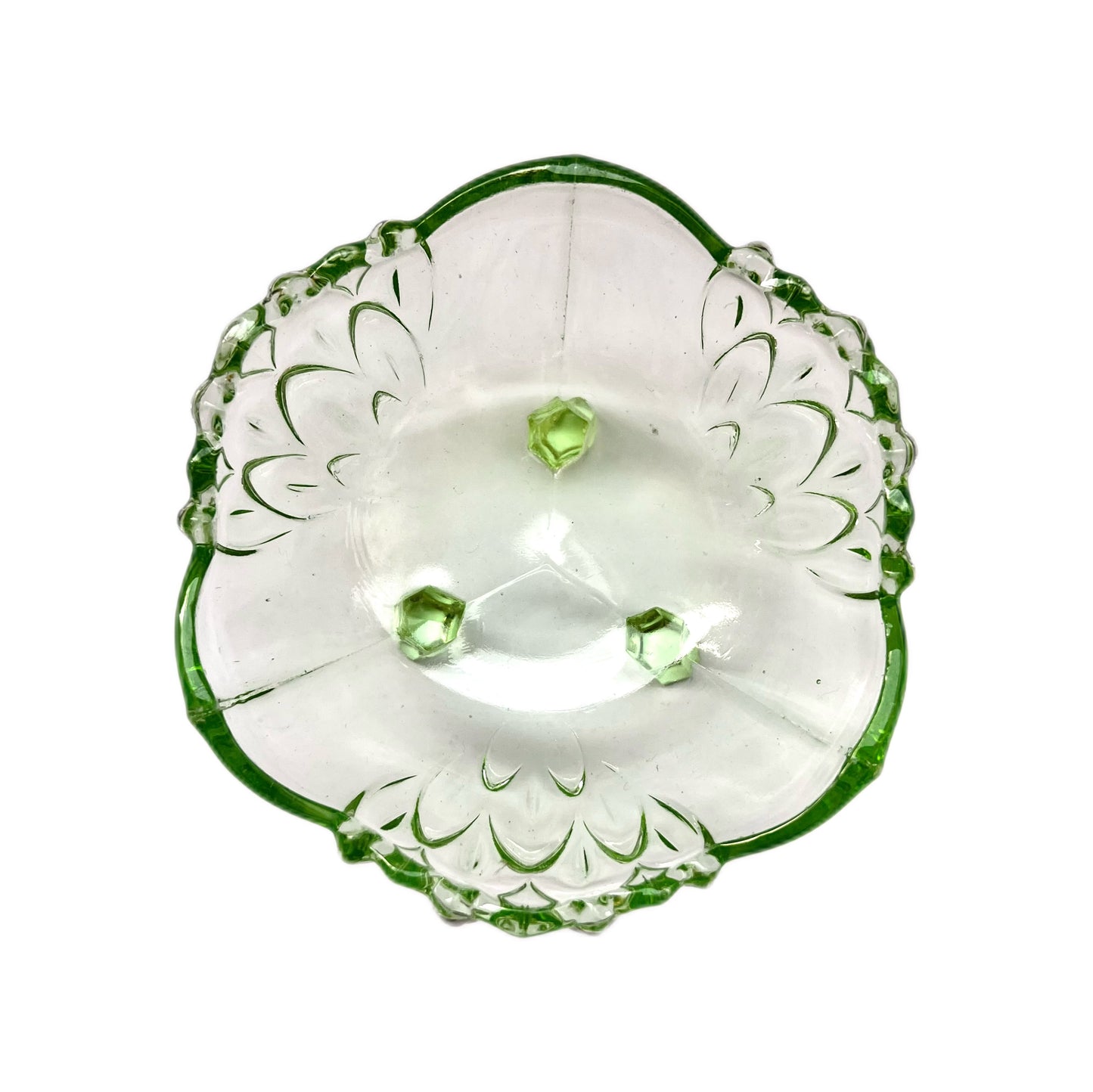 Art Deco uranium glass three-footed bowl circa 1930s to 1940s