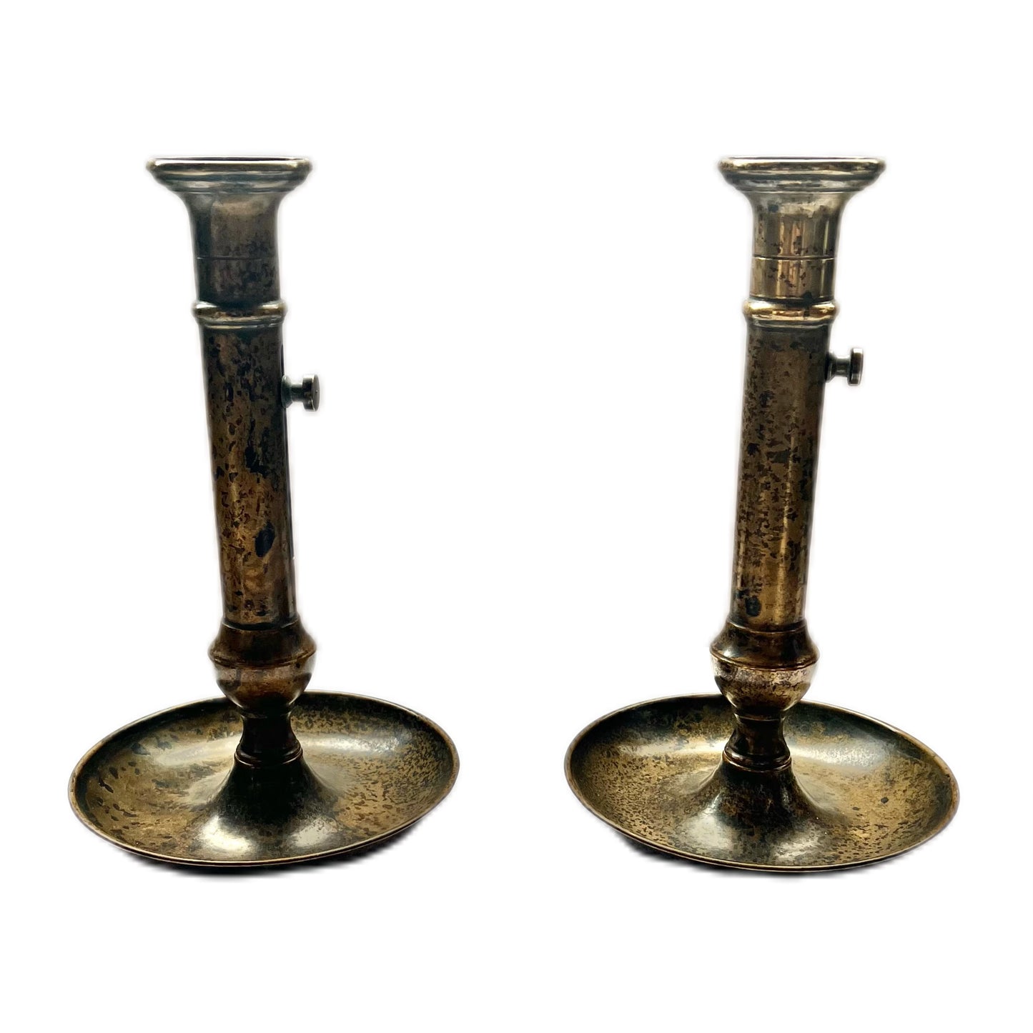 Pair of 19th century English brass and iron hogscraper candlesticks