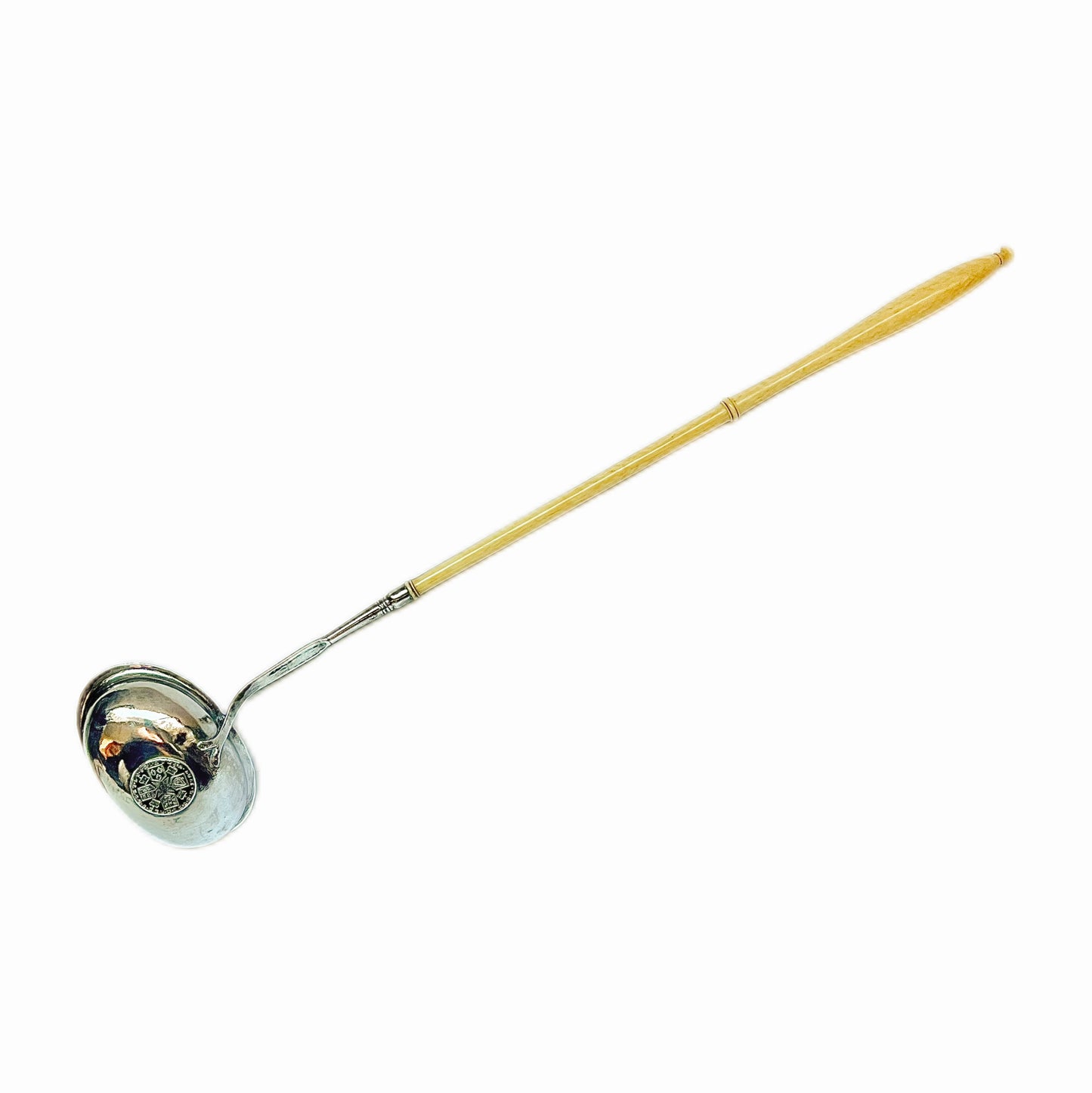 Late 18th to early 19th century sterling silver toddy ladle with ivory handle and gold-plated George III 1787 shilling