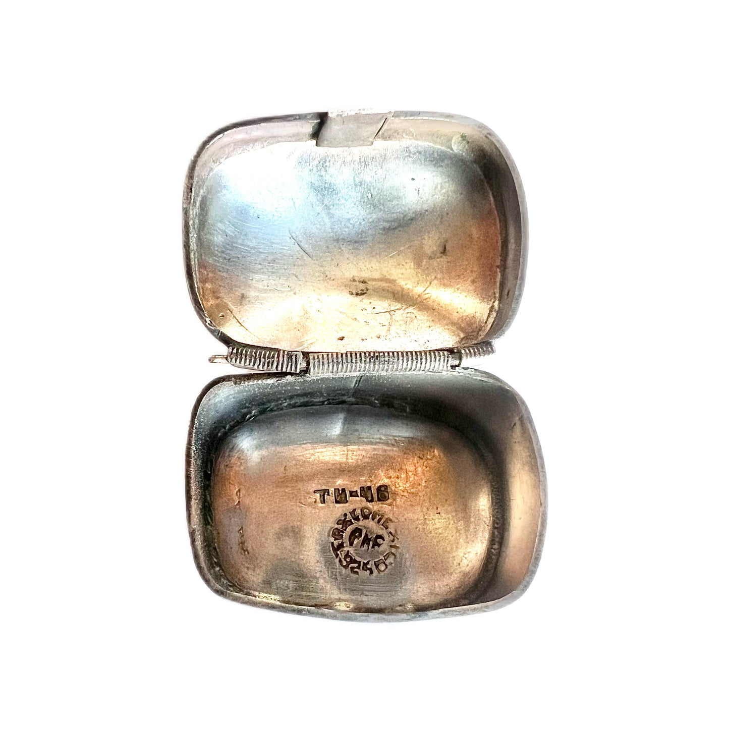 Midcentury Mexican Taxco silver pillbox with goldstone cabochon