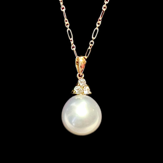 Vintage 18ct rose gold pearl and diamond pendant with 18ct gold chain