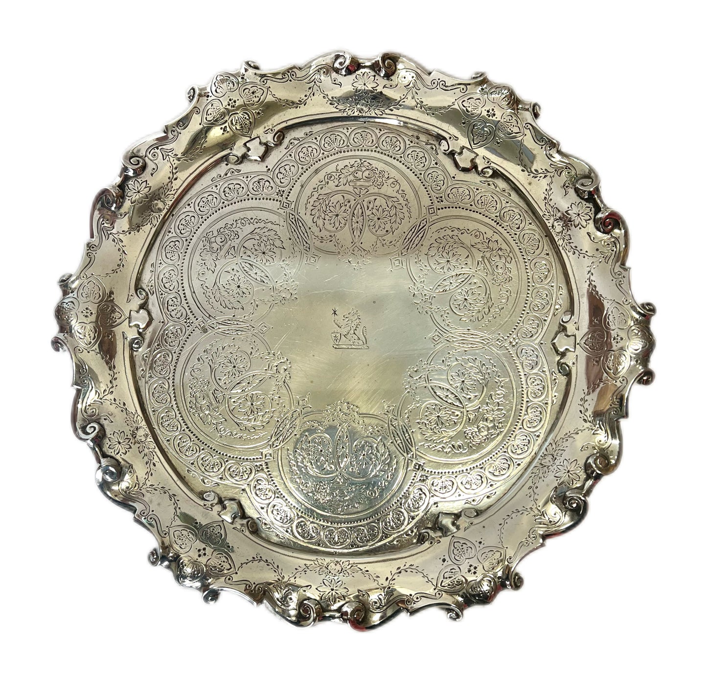 Late Victorian crested sterling silver salver, Walter & John Barnard