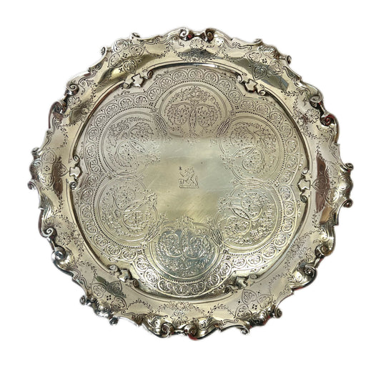 Late Victorian crested sterling silver salver, Walter & John Barnard