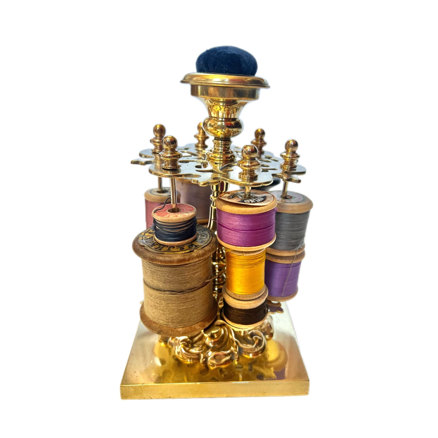 Antique 19th century High Victorian brass spool holder with original pincushion