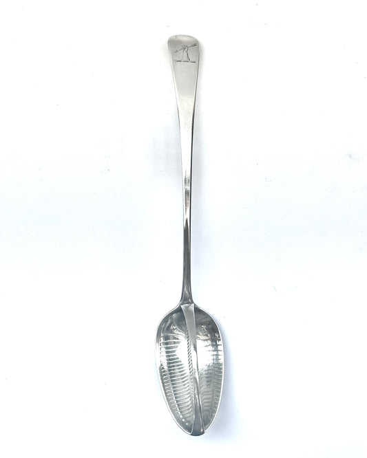 Crested George III sterling silver straining spoon by George Smith III & William Fearn, London, 1787