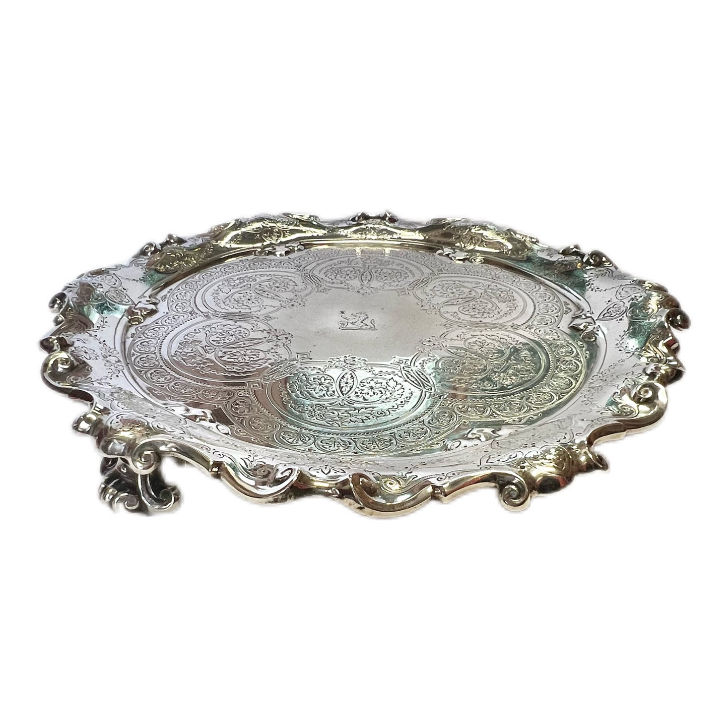 Late Victorian crested sterling silver salver, Walter & John Barnard
