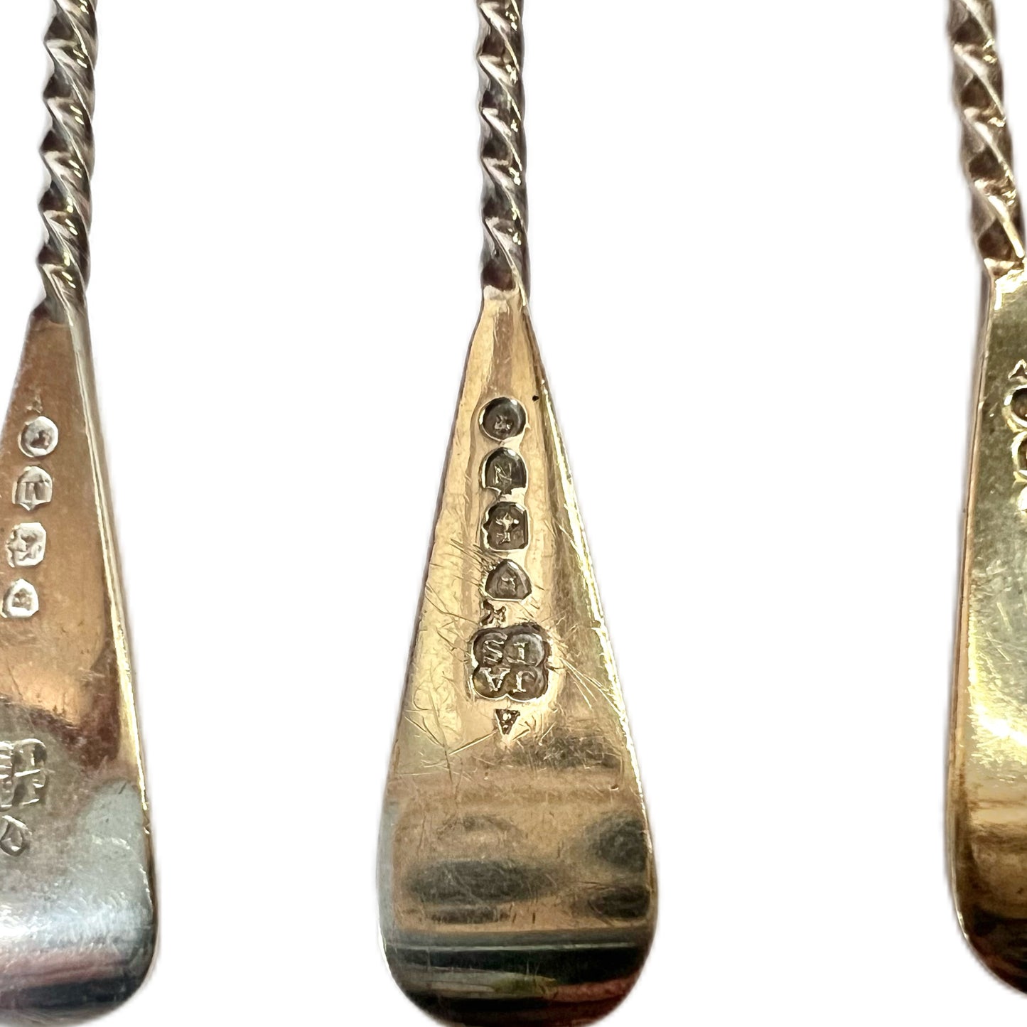 6 antique sterling silver Aldwinckle & Slater teaspoons and a matching pair of sugar tongs, original Hardy Bros box