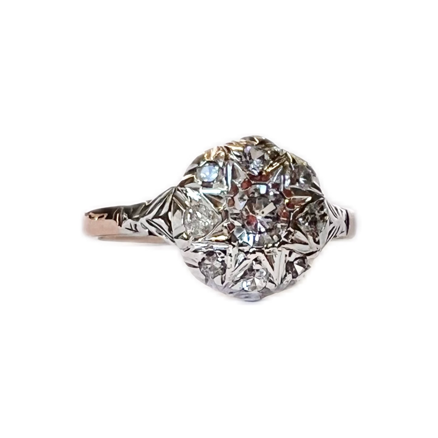 Antique late Victorian to early Edwardian 9ct gold and diamond star set ring