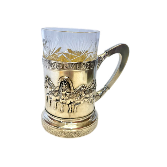 Antique Russian .875 silver Troika podstakannik with original glass and inscription