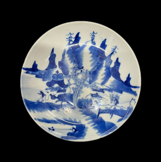 Early 18th century Kangxi period mountain landscape motif dish (restored)