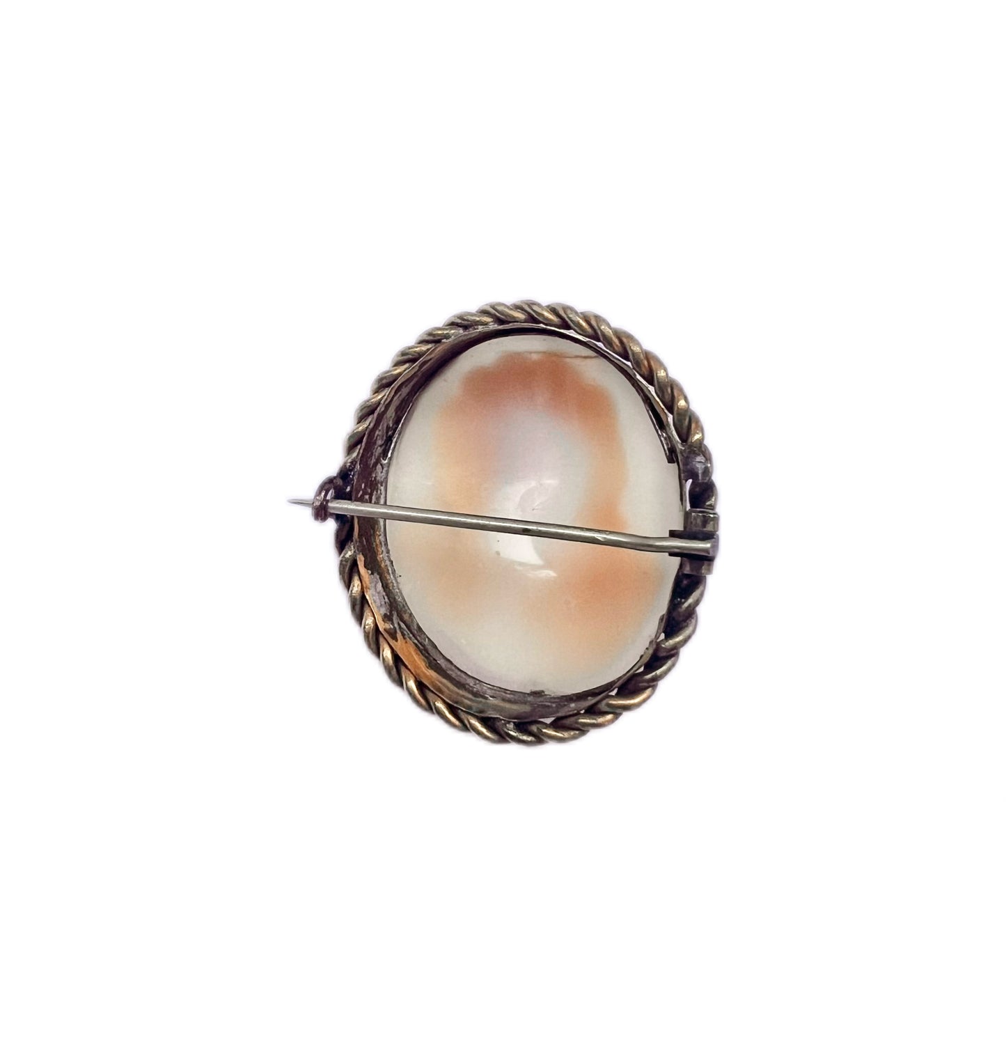 Antique sardonyx shell cameo brooch of a front-facing lady